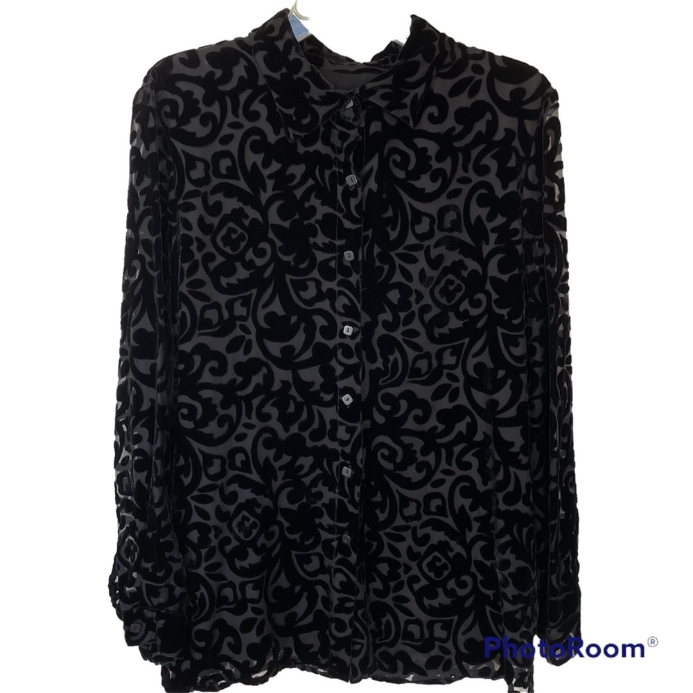 Carole Little Women’s Long Sleeve Black Velvet Design Blouse Large